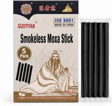 Load image into Gallery viewer, Smokeless Moxa Sticks for Moxibustion Therapy - 5 Pack - Low Smoke Acupuncture Heat Therapy Rolls for Relaxation, Wellness, Massage, &amp; Traditional Chinese Medicine Use – Long Burning &amp; Portable
