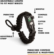 Load image into Gallery viewer, BUSHCRAFT SURVIVAL Paracord Bracelet and 5-in-1 Multi Tool Camping Gear - Includes Compass, Whistle, Wire Saw, Fire Starter and 10&quot; Braided Paracord (Black / Black 2 Pack) - Bushcraft Survival
