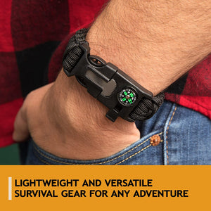 BUSHCRAFT SURVIVAL Paracord Bracelet and 5-in-1 Multi Tool Camping Gear - Includes Compass, Whistle, Wire Saw, Fire Starter and 10" Braided Paracord (Green Camo / Black 2 Pack) - Bushcraft Survival