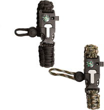 Load image into Gallery viewer, BUSHCRAFT SURVIVAL Paracord Bracelet and 5-in-1 Multi Tool Camping Gear - Includes Compass, Whistle, Wire Saw, Fire Starter and 10&quot; Braided Paracord (Green Camo / Black 2 Pack) - Bushcraft Survival
